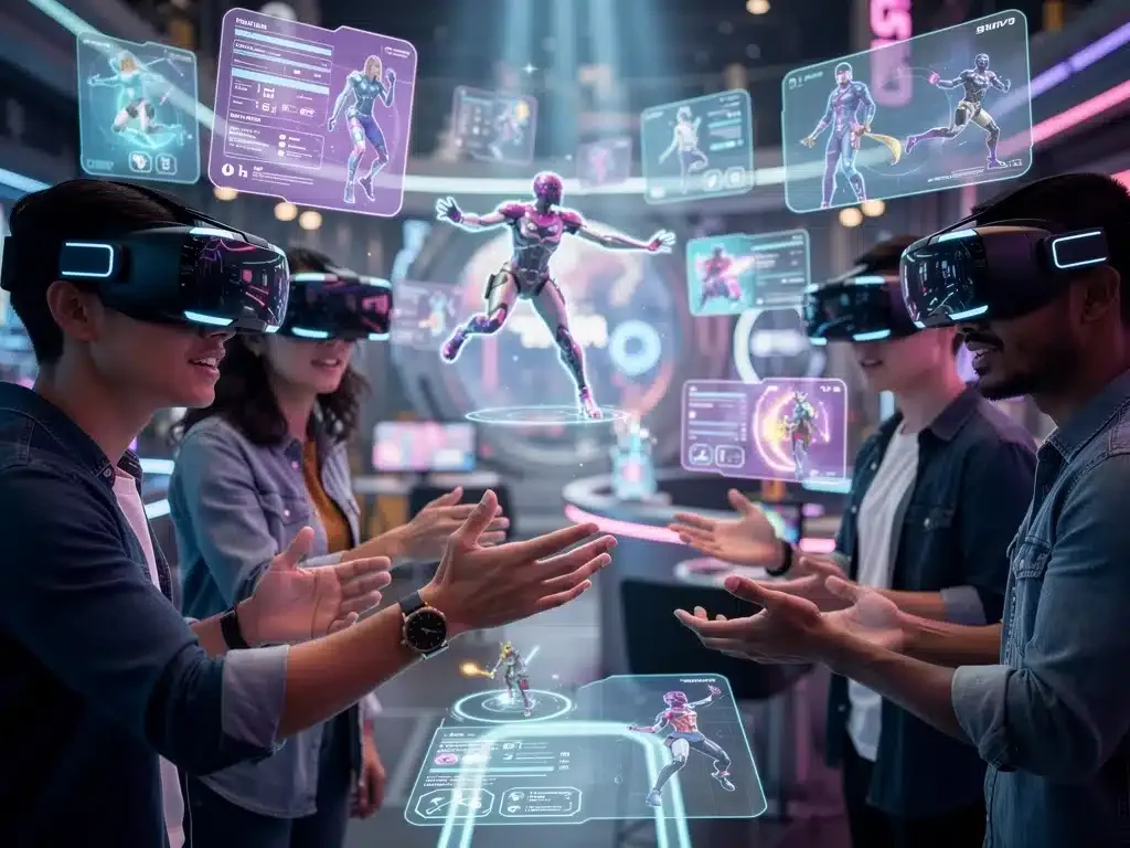 People in advanced VR headsets collaborating in a shared virtual entertainment space.