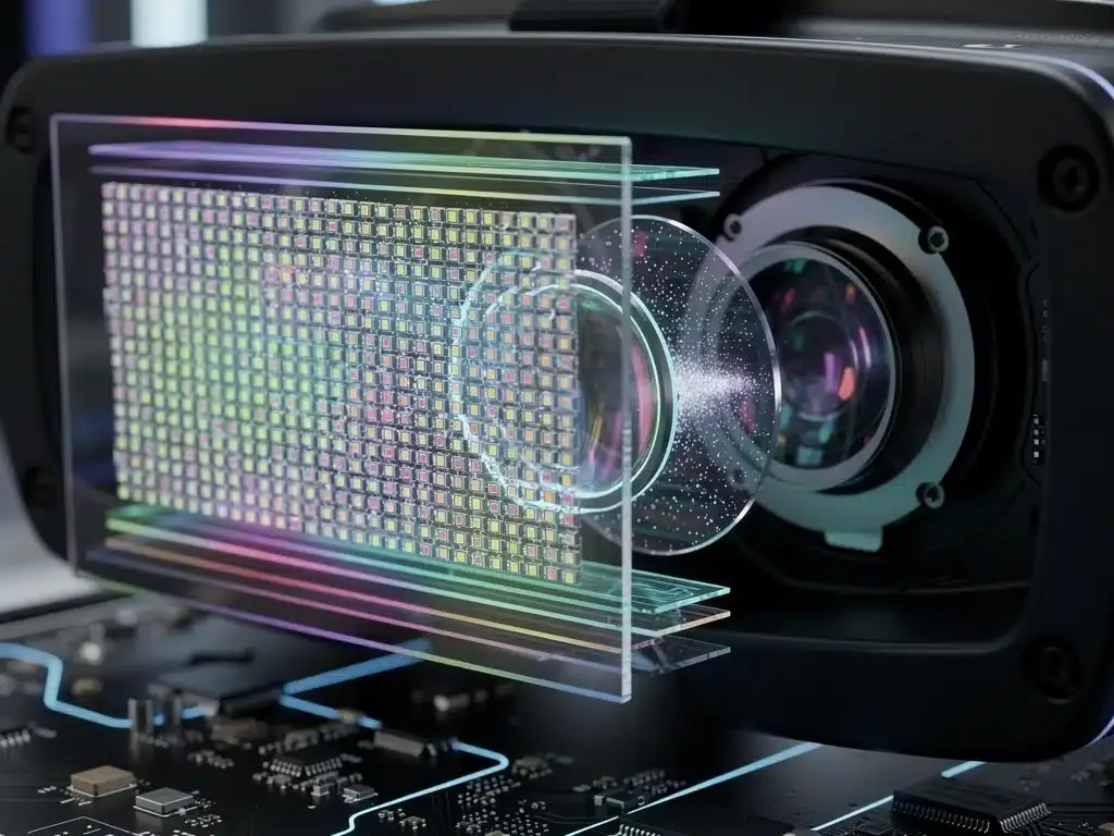 Close-up of advanced micro-LED display technology inside a VR headset.