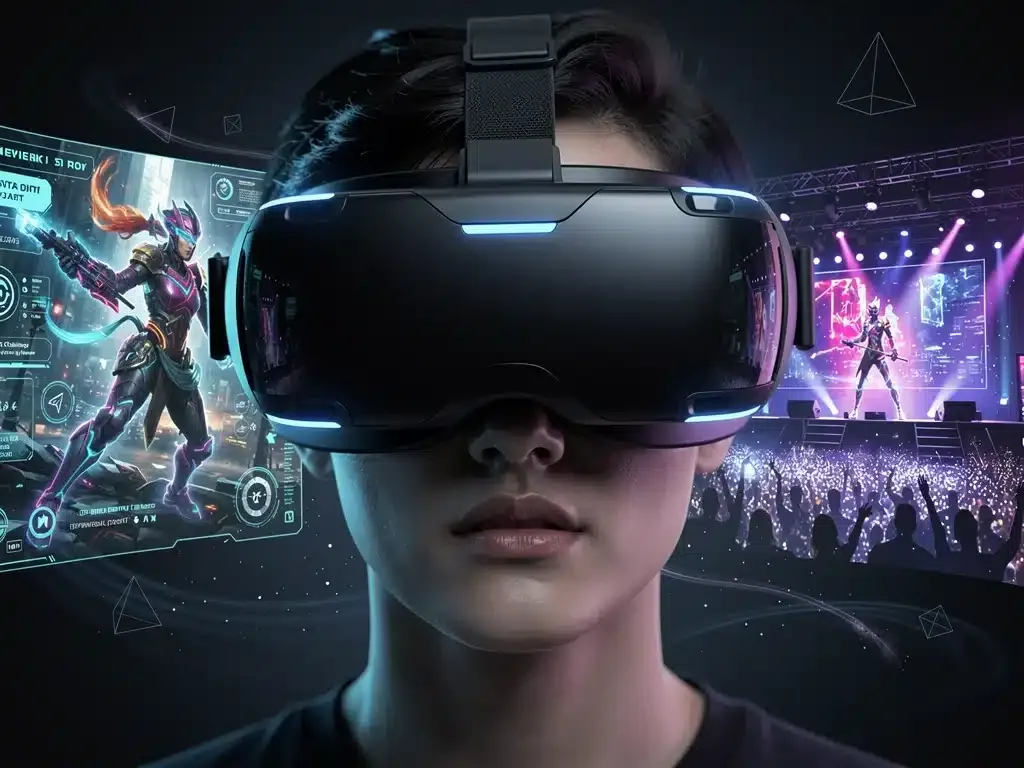 Futuristic VR headset with glowing blue accents, worn by a person in a digital entertainment world.