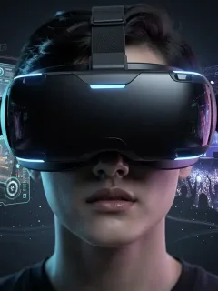 Futuristic VR headset with glowing blue accents, worn by a person in a digital entertainment world.