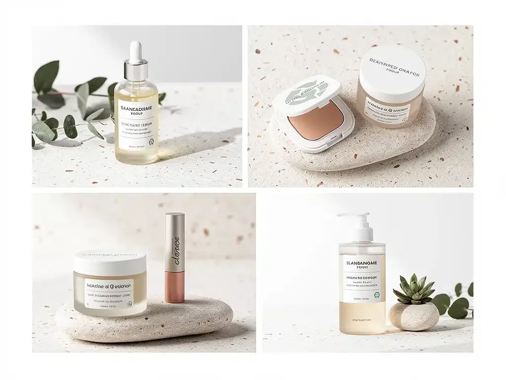 Five leading sustainable beauty brands' products prominently displayed, symbolizing market dominance and eco-conscious consumer choices.