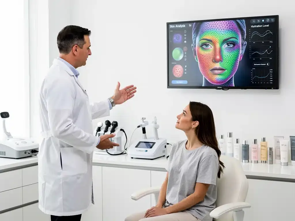 Dermatologist explaining advanced skincare technology to patient