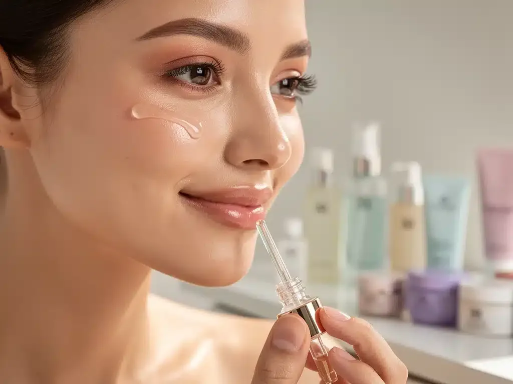 Woman applying affordable yet effective facial serum, emphasizing smart skincare choices