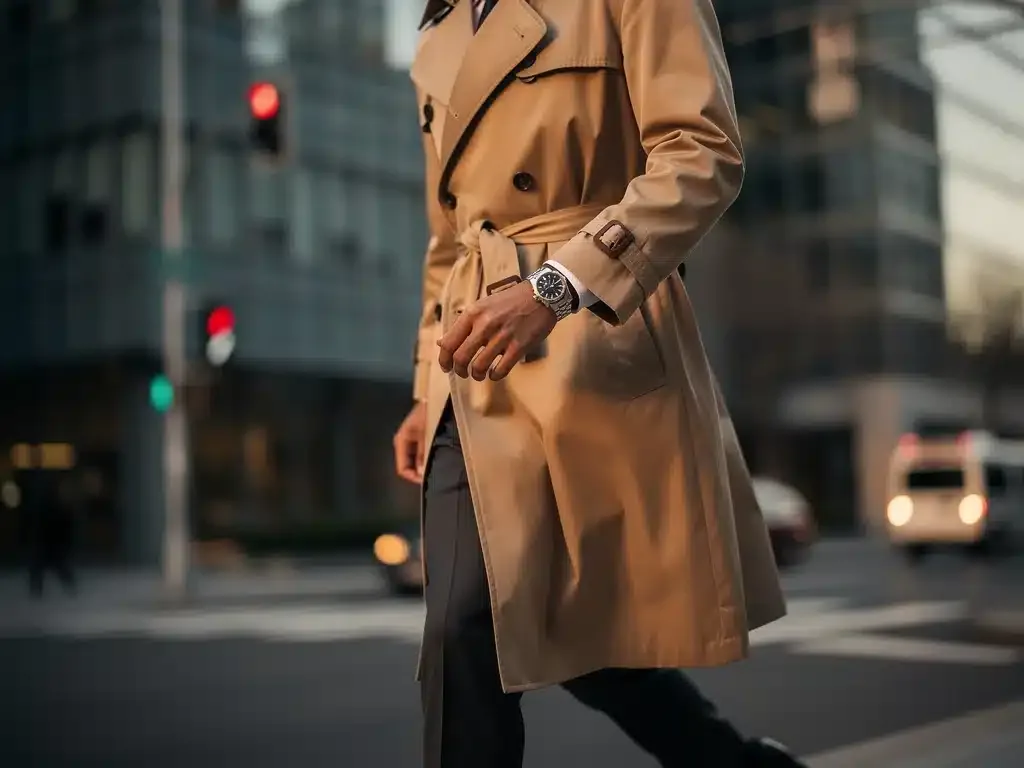 Person wearing a Burberry trench coat and Rolex watch, showcasing timeless style