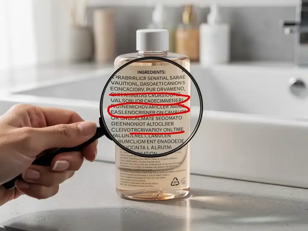 Magnifying glass examining a beauty product's ingredient list for harmful chemicals.