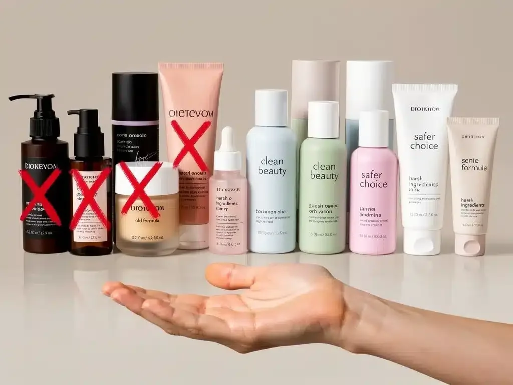 Selection of clean beauty products juxtaposed with products containing harmful chemicals.