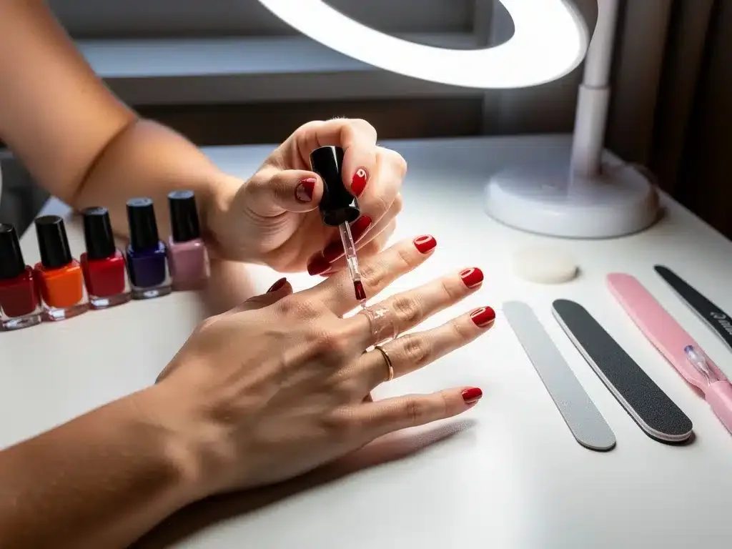 Woman applying top coat for professional home manicure. Professional Manicures at Home.