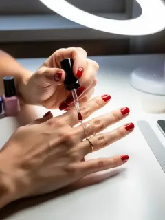 Woman applying top coat for professional home manicure. Professional Manicures at Home.