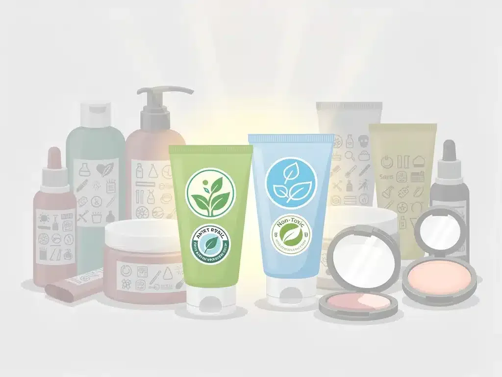 Illustration of various beauty products with different certification labels, highlighting two clear, trustworthy non-toxic seals.