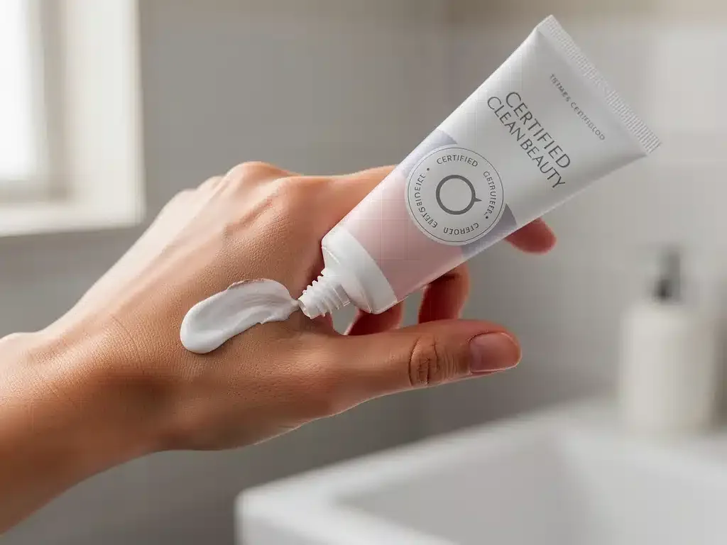 Close-up of a hand applying a clean beauty product, with a clear focus on its recognized certification seal.