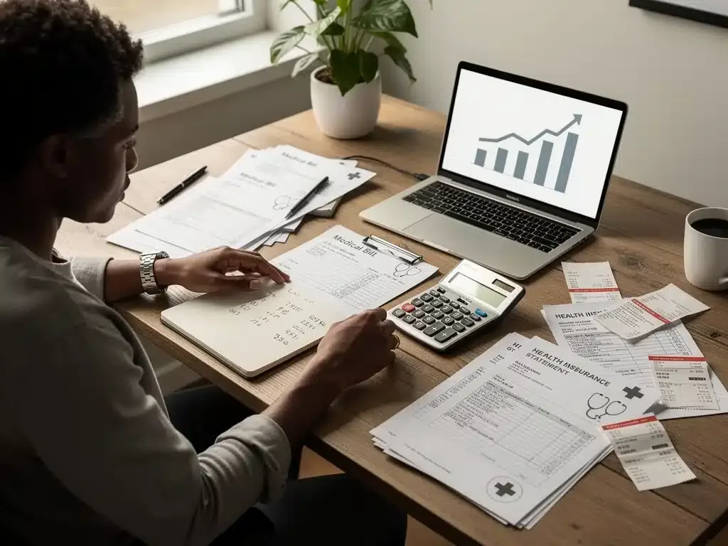 Person reviewing financial documents and calculator, symbolizing healthcare cost impact
