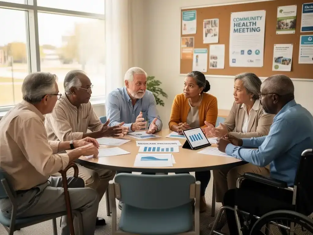 Group of seniors discussing healthcare costs and Medicare changes