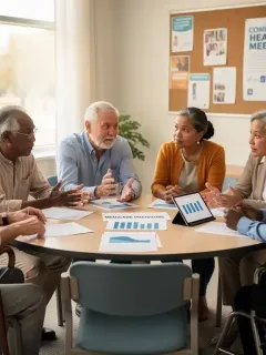 Group of seniors discussing healthcare costs and Medicare changes