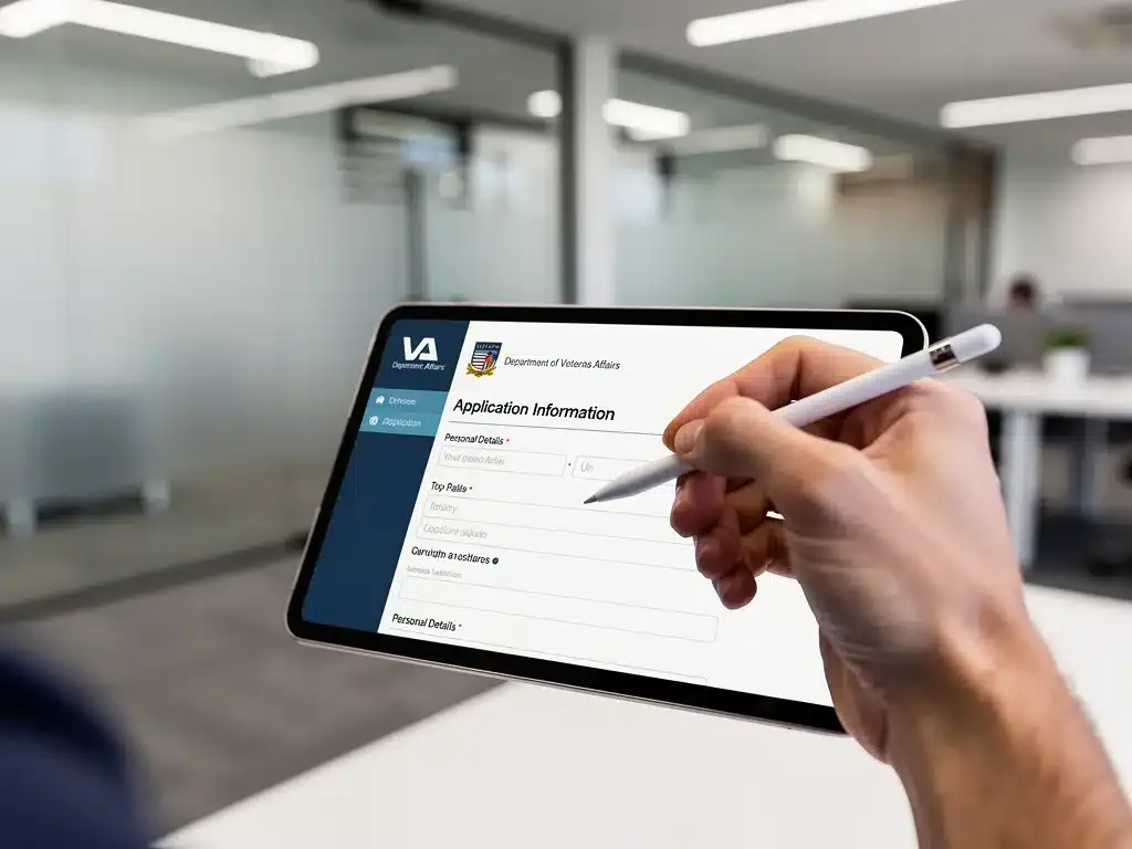 Veteran completing digital VA benefits application on a tablet.