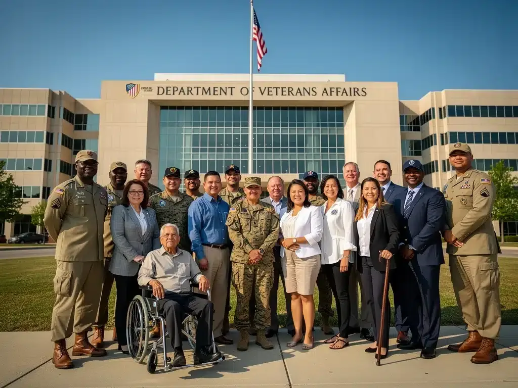 Veterans gathered in front of a VA building, symbolizing updated benefits information.