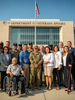 Veterans gathered in front of a VA building, symbolizing updated benefits information.