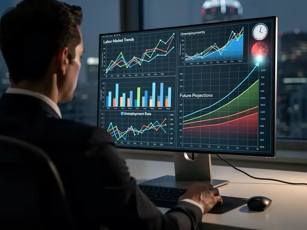 Individual analyzing economic data, labor market trends, and future unemployment projections.