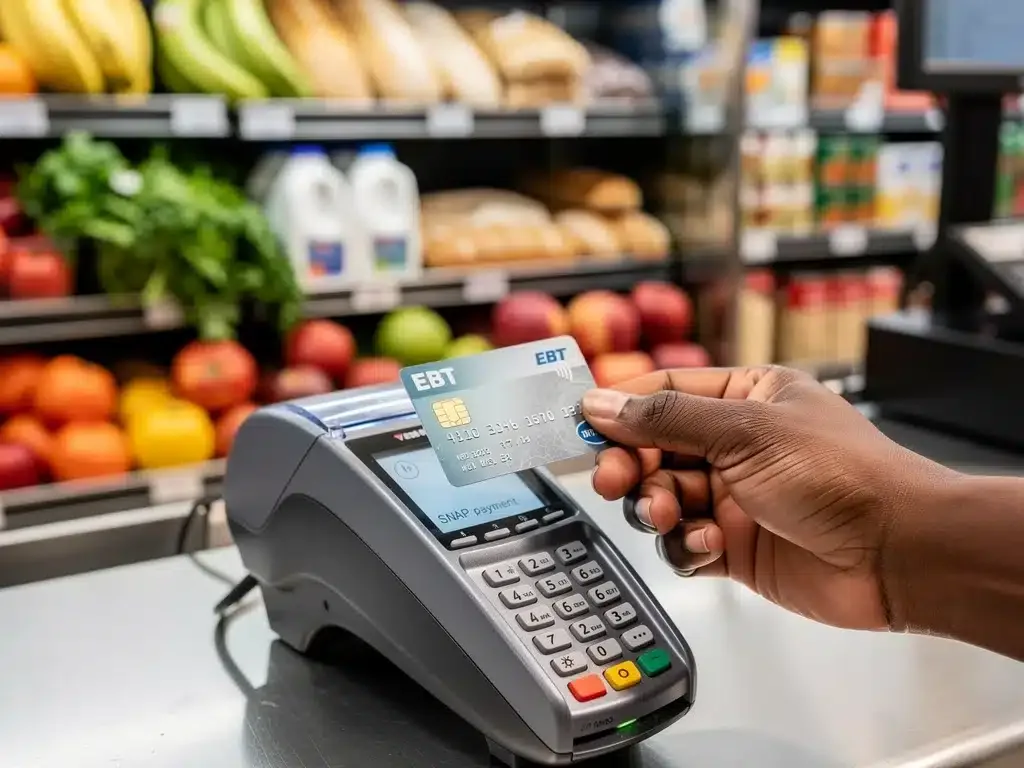 EBT card being used at a grocery checkout, illustrating food purchase.