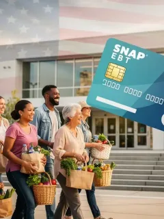 Families and individuals benefiting from SNAP, holding grocery bags, symbolizing food security. SNAP Benefits 2026