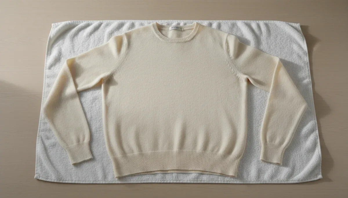 Cashmere sweater drying flat on a white towel