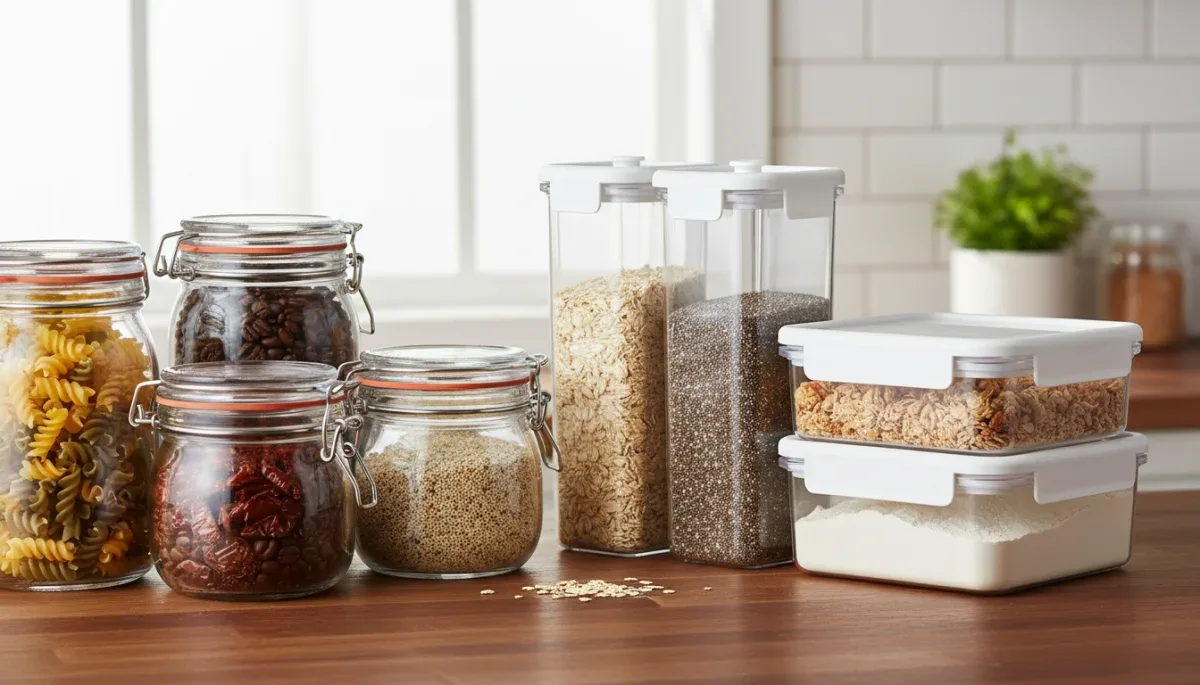 Close-up of airtight lids on glass and clear plastic pantry storage containers on a clean countertop.