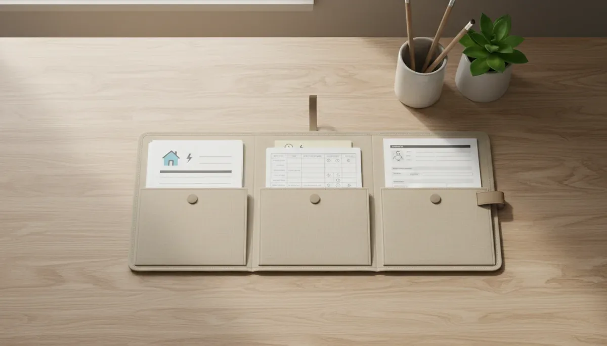 Application papers and utility bills organized for energy assistance submission.