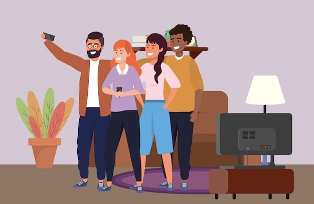 A group of friends laughing and pointing at a character on a TV screen, with speech bubbles displaying slang words related to personality and humor. Convey a sense of camaraderie and shared experience.