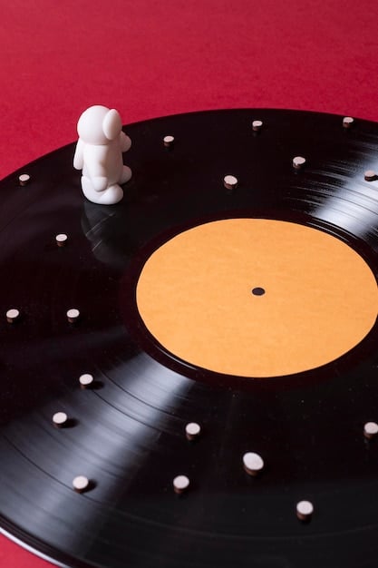 A close-up of a vinyl record with a K-drama OST label. The lighting is soft, focusing on the grooves of the record, symbolizing the depth and richness of the music. Musical notes subtly float around the record.