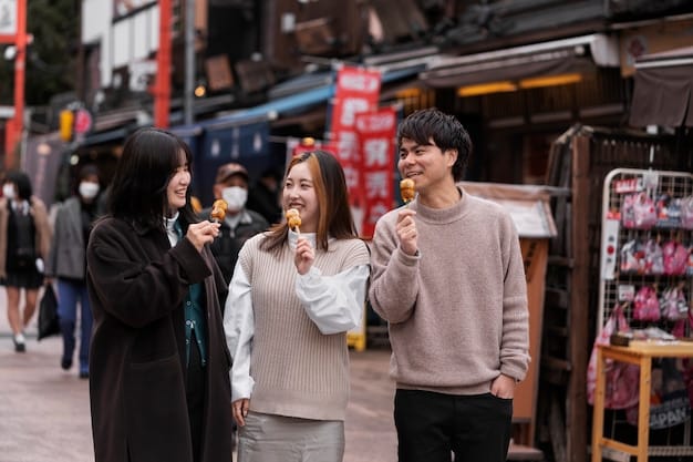 A vivid shot of a street food vendor in Seoul, surrounded by customers, with a focus on a variety of colorful and enticing street foods like tteokbokki, hotteok, and Korean fried chicken. The image captures the bustling atmosphere and culinary diversity of Korean street food culture.