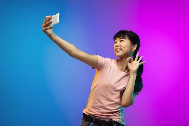 A Korean actor holding a phone, taking a selfie with fans in the background. The scene is vibrant and lively, showcasing the actor's connection with their audience through social media.