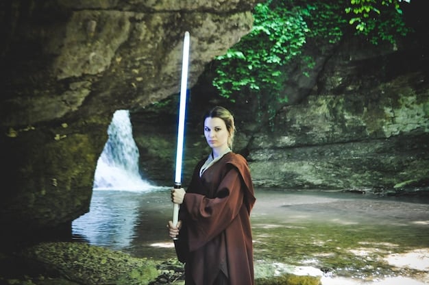 A scene from a historical fantasy K-drama featuring a female lead dressed in traditional Korean clothing, wielding a glowing sword against a backdrop of a mystical forest with glowing trees.