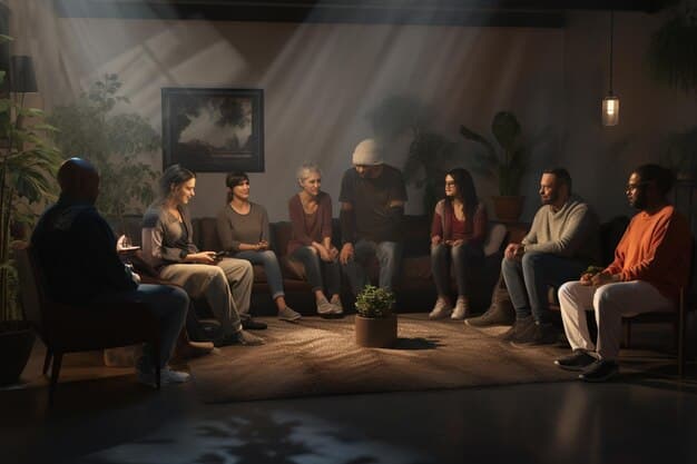 A still from a K-drama depicting a scene in a support group meeting, with characters of diverse backgrounds sitting in a circle, sharing their experiences with mental health and social challenges.