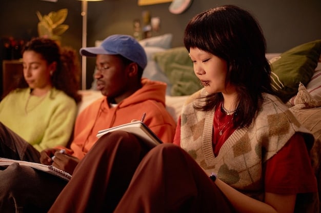 A script reading session with the main cast of a Korean drama, gathered around a table with scripts in hand. The atmosphere is focused and collaborative, with everyone attentively listening to the director.