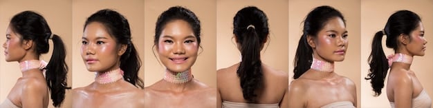 A split image showing a K-drama actress with flawless skin on one side, and an array of Korean beauty products (skincare and makeup) neatly arranged on the other.