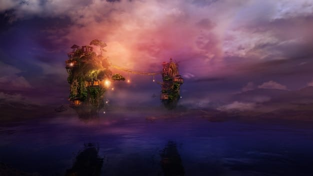 A still from a popular Xianxia drama showing the lead characters in flowing robes, engaging in a magical battle amidst a fantastical landscape with floating islands and mystical creatures.