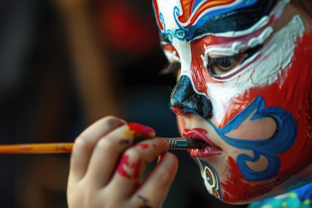 Close-up shot of a Peking Opera performer with traditional face painting, showcasing the intricate details and symbolic colors.