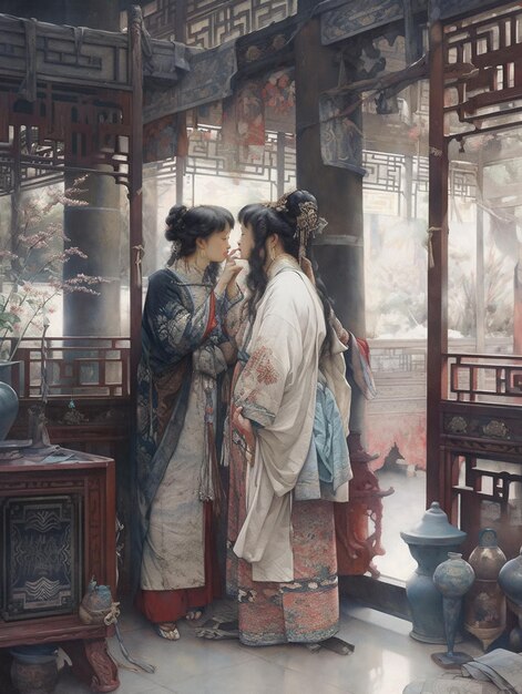 A digital painting depicting a romantic scene between two characters from a historical Chinese drama, set in a modern urban landscape. The contrast between traditional and contemporary elements should be visually striking and indicative of modern AU fanfiction.