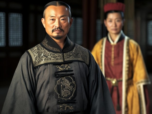 A side-by-side comparison of a historical portrait of Emperor Qin Shi Huang and an actor portraying him in a Chinese historical drama, highlighting the differences in appearance and perceived personality.