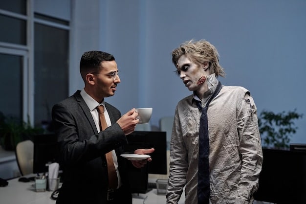 Two male characters in modern attire, looking at each other seriously in an office setting. The lighting is soft, highlighting the subtle tension between them, suggesting a complex working relationship that extends beyond the professional.