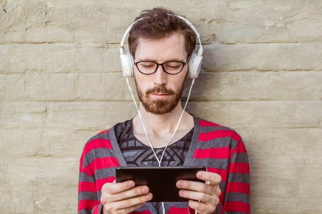 A close-up shot of a person wearing headphones, with a smartphone or tablet displaying the lyrics of a Chinese Drama OST in Mandarin alongside English translations. The background subtly features elements of Chinese culture, like calligraphy or traditional patterns.