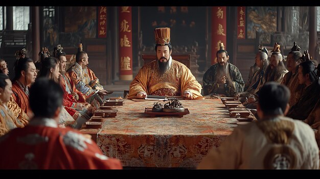 A scene from a historical Chinese drama depicting an elaborate imperial banquet. The table is laden with a variety of dishes, including roasted meats, intricately carved vegetables, and colorful desserts. Emperor and dignitaries are raising their glasses in a toast. The lighting is grand and opulent, highlighting the extravagance of the occasion.