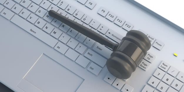 A stylized gavel graphic overlayed on a keyboard, representing the legal considerations of fanfiction. The background is a blurred image of a computer screen displaying legal documents and copyright information.