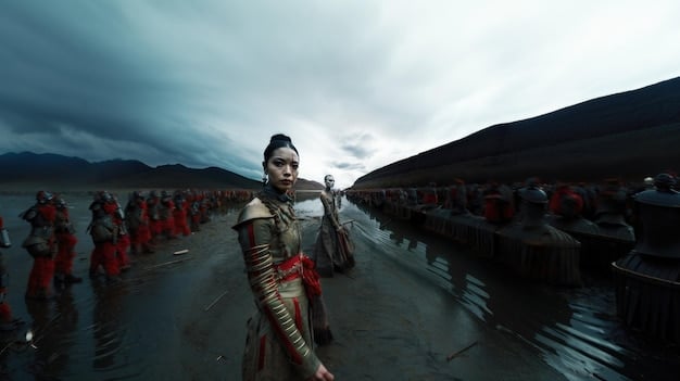A dynamic scene from a historical Chinese drama, with a female general leading her troops into battle, demonstrating her strategic skills and bravery.