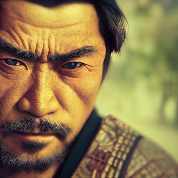 A close-up portrait of a stoic samurai warrior, his face etched with determination and resolve. The image should capture the essence of Bushido and the samurai's unwavering commitment to his code of honor.