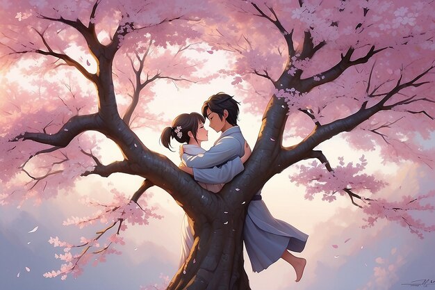 A character is dramatically confessing their love to another character under a cherry blossom tree, with petals falling around them. This is a classic scene often depicted in J-dramas.