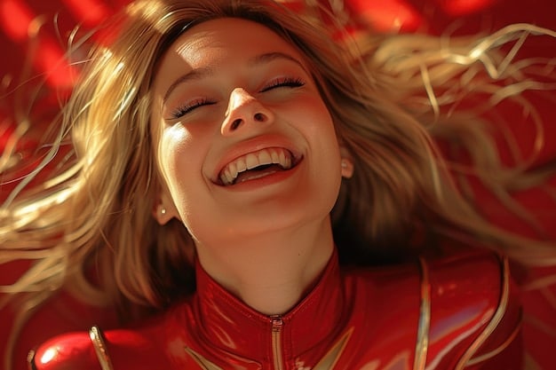 A close-up shot of a Genki Girl character with a bright, wide smile, her eyes sparkling with enthusiasm, and her hair bouncing as she gestures energetically, radiating joy and optimism.