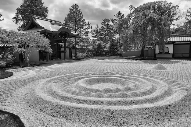 A black and white image of a Japanese garden with winding paths obscured by mist, symbolizing the uncertain paths of life and the multiple interpretations possible in ambiguous Japanese drama endings.