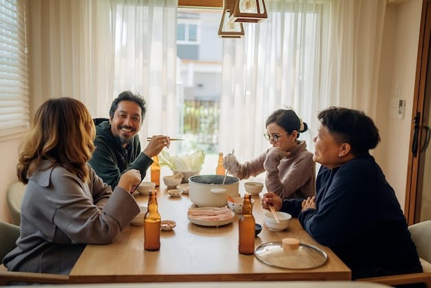 A family gathered around a traditional Japanese dining table, sharing a meal and engaging in lively conversation. The expressions on their faces should convey warmth, humor, and familial bonds.