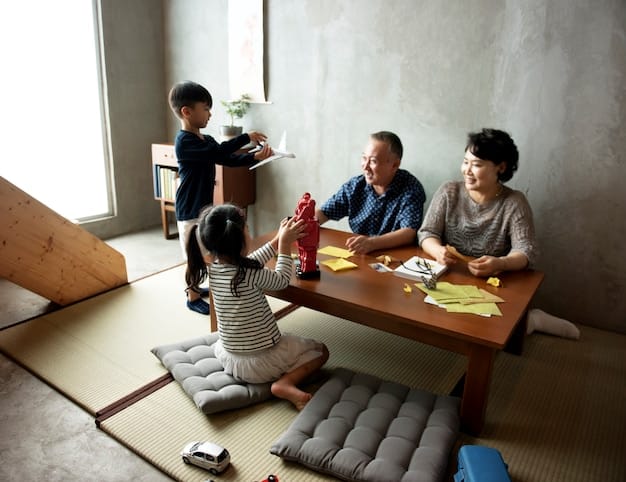 A still from a J-drama showing a family gathered around a low table (kotatsu) during winter. The scene is warmly lit, with the family members laughing and sharing food. The focus is on the kotatsu and the cozy, communal atmosphere it creates.