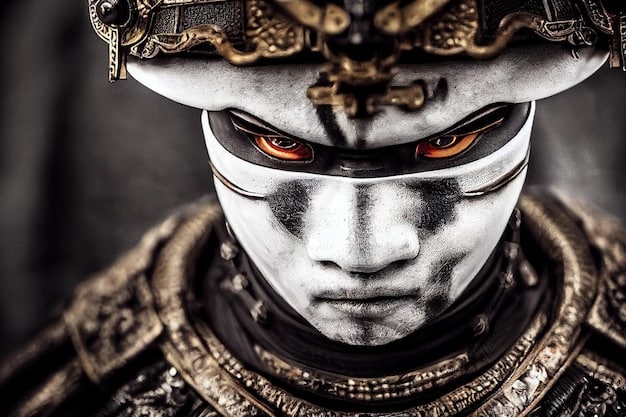 A close-up shot of a samurai warrior's face, showcasing the intricate details of his armor and helmet. His expression is stoic and determined, embodying the discipline and honor associated with the samurai code.